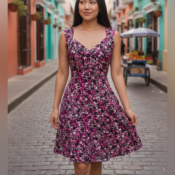 WHITE HOUSE BLACK MARKET FLORAL FIT & FLARE RUFFLE PINK & BLACK DRESS SIZE 10 - Picture 1 of 11